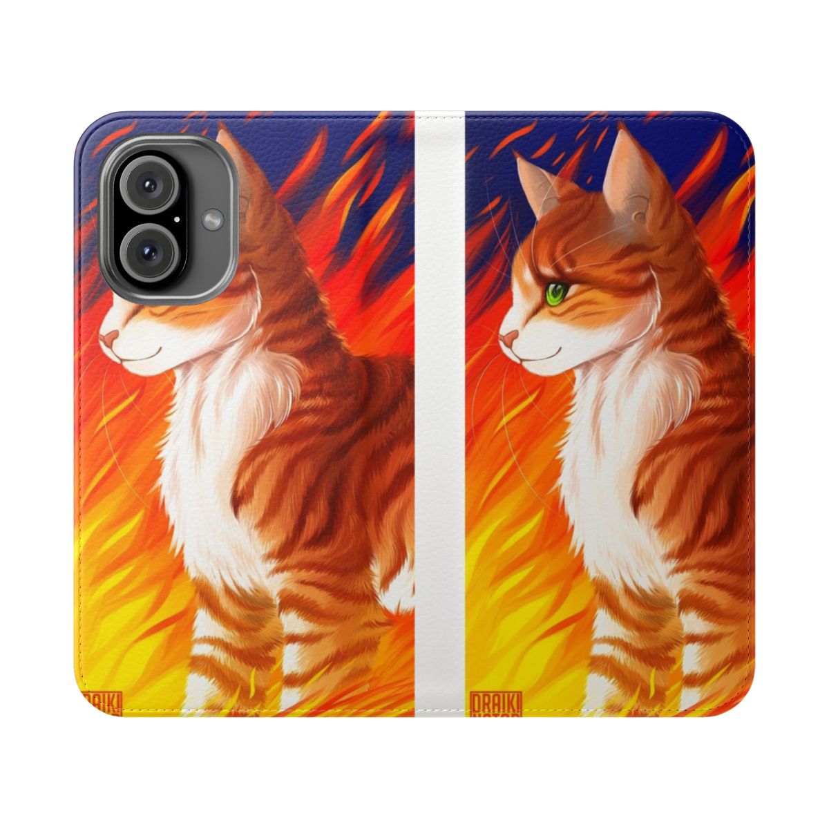 A high-quality flip phone case featuring a printed design inspired by the Warrior Cats character Firestar.