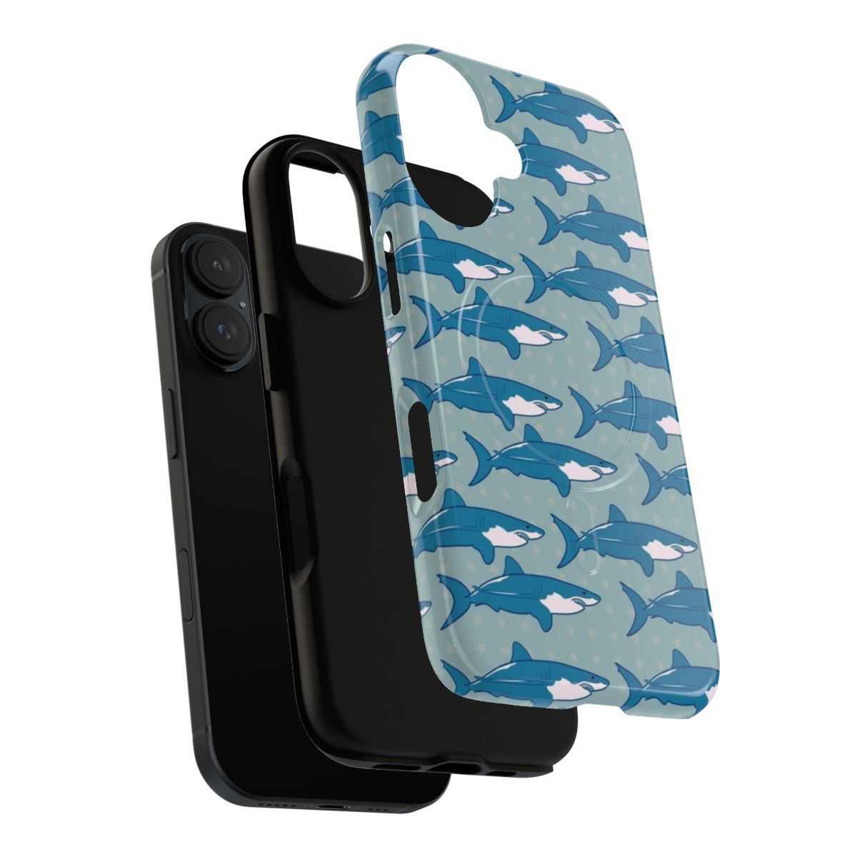 A phone case with a vibrant shark pattern design, featuring blue sharks and polka dots on a magnetic, tough case. - Layers