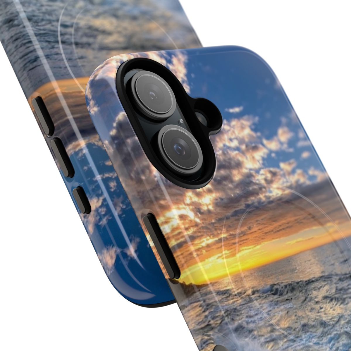 Vibrant seascape artwork featuring ocean waves, beach, and sunset on a magnetic phone case. - Detail