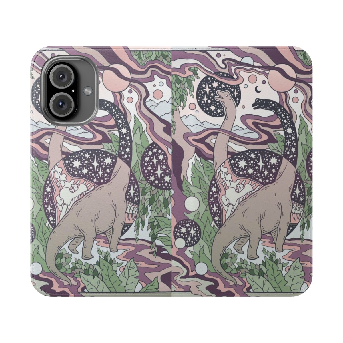 Colorful and vibrant phone case featuring a brachiosaurus dinosaur against a psychedelic, cosmic backdrop.