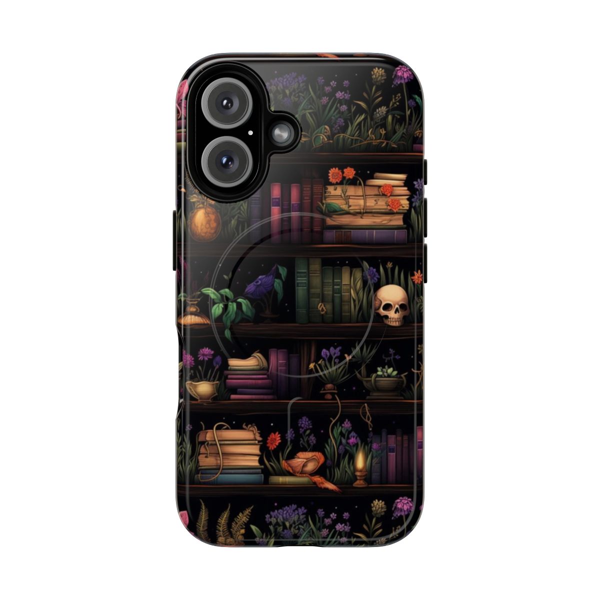 A dark, witchy-inspired phone case with a bookshelf pattern design.