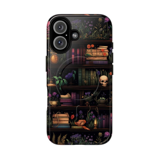 A dark, witchy-inspired phone case with a bookshelf pattern design.