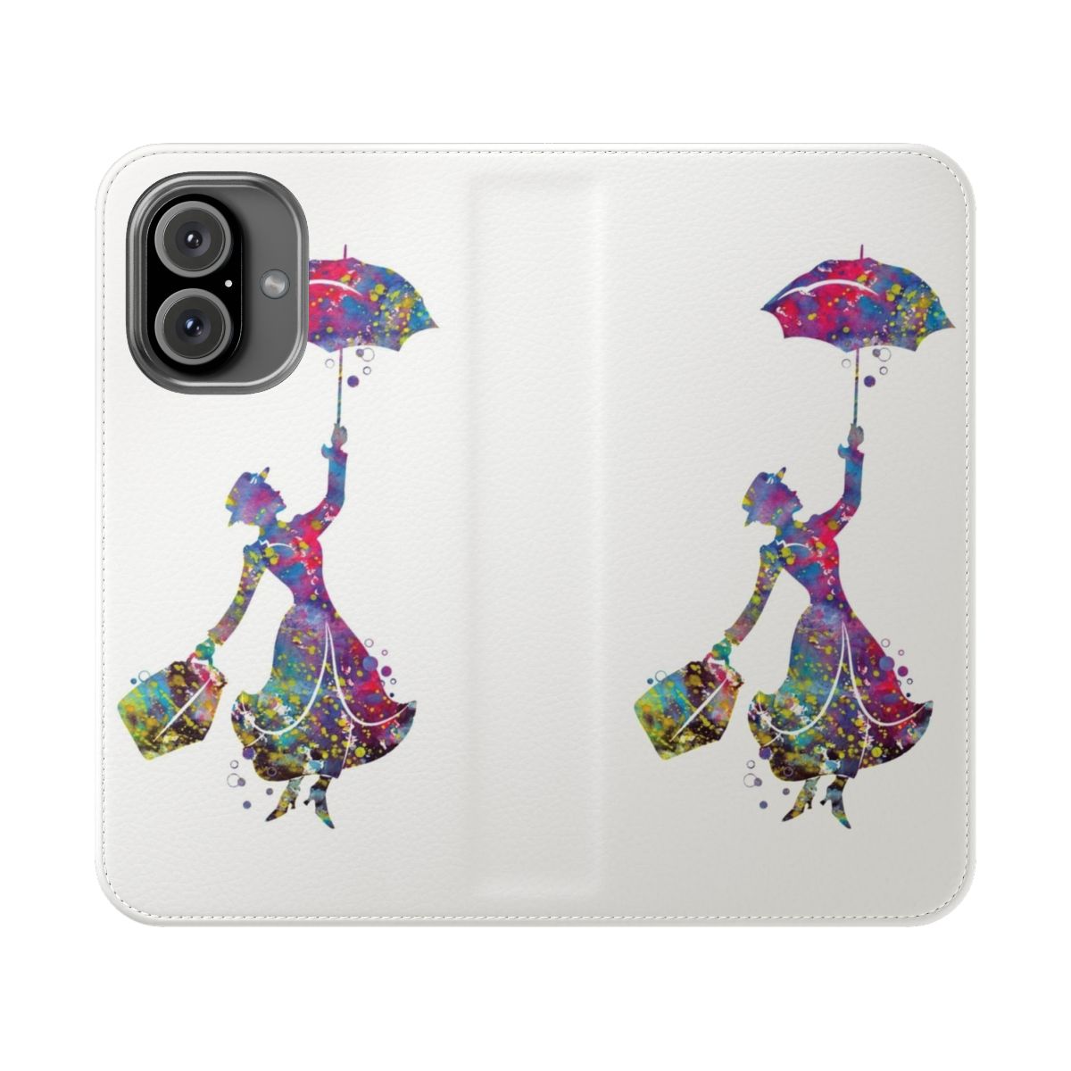 Watercolor Mary Poppins silhouette design on a pink and purple phone case