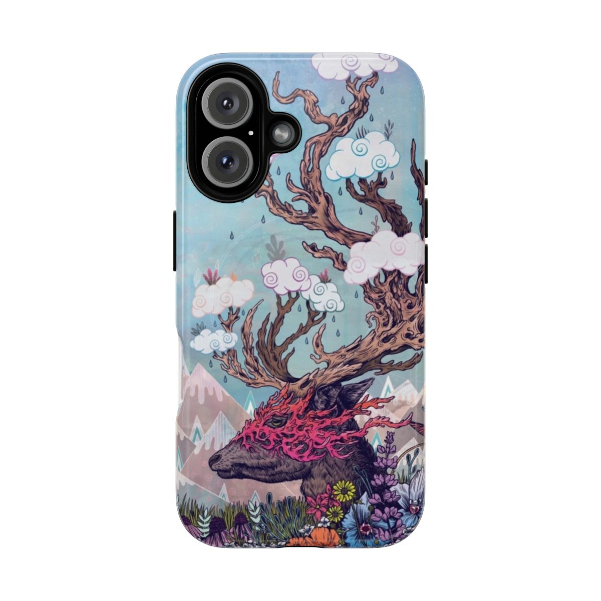 A phone case featuring a surreal, artistic illustration of a deer in a mountain landscape.