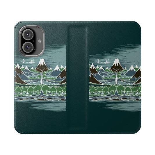 Fantasy flip cover phone case with Lord of the Rings inspired artwork featuring a halfling's journey on a mountain path through an elven wood.