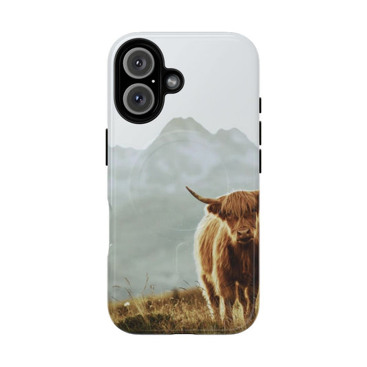 Vintage-style magnetic tough case featuring a highland cow illustration