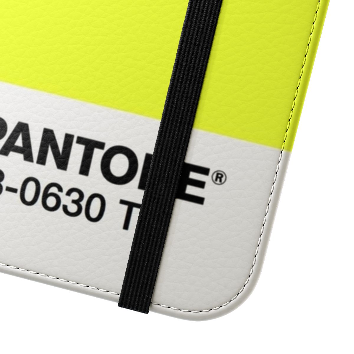 Bright yellow phone case with Pantone-style typography - Close Up