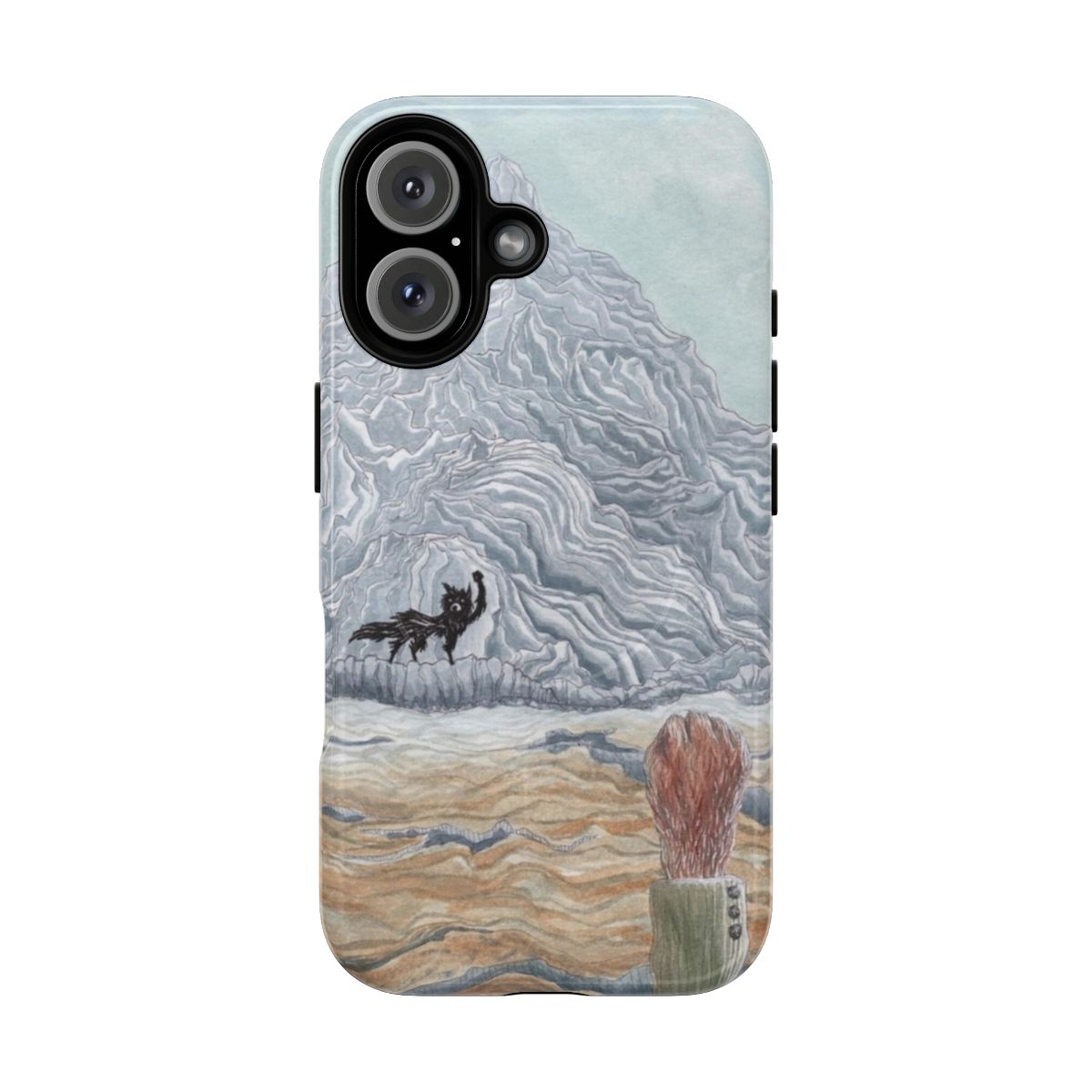 Watercolor phone case inspired by Wes Anderson's Fantastic Mr. Fox film, featuring a wolf and fox in a mountain landscape.