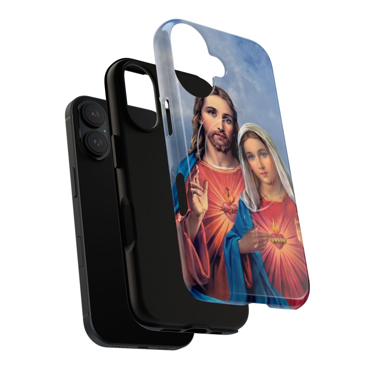 A phone case featuring an image of the Immaculate Heart of the Blessed Virgin Mary against a sky background. - Layers