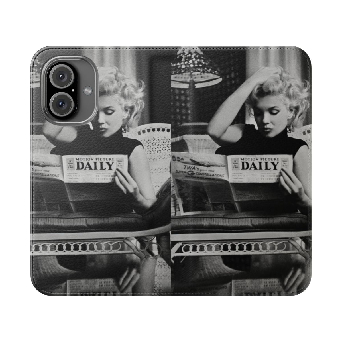 Retro black and white photograph of Marilyn Monroe reading a newspaper, printed on a flip cover phone case.