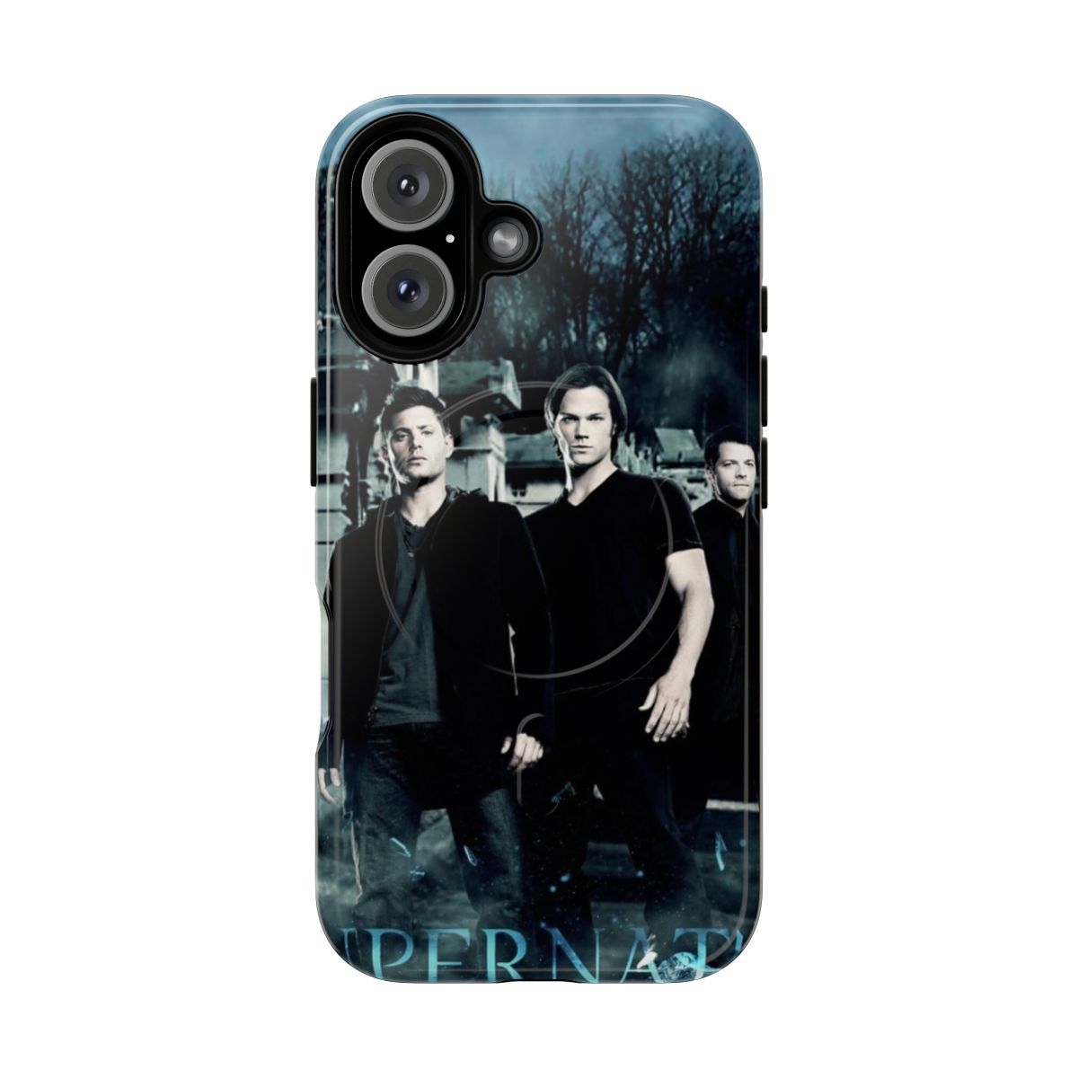 Supernatural-inspired phone case featuring Winchester brothers, Castiel the angel, and supernatural elements