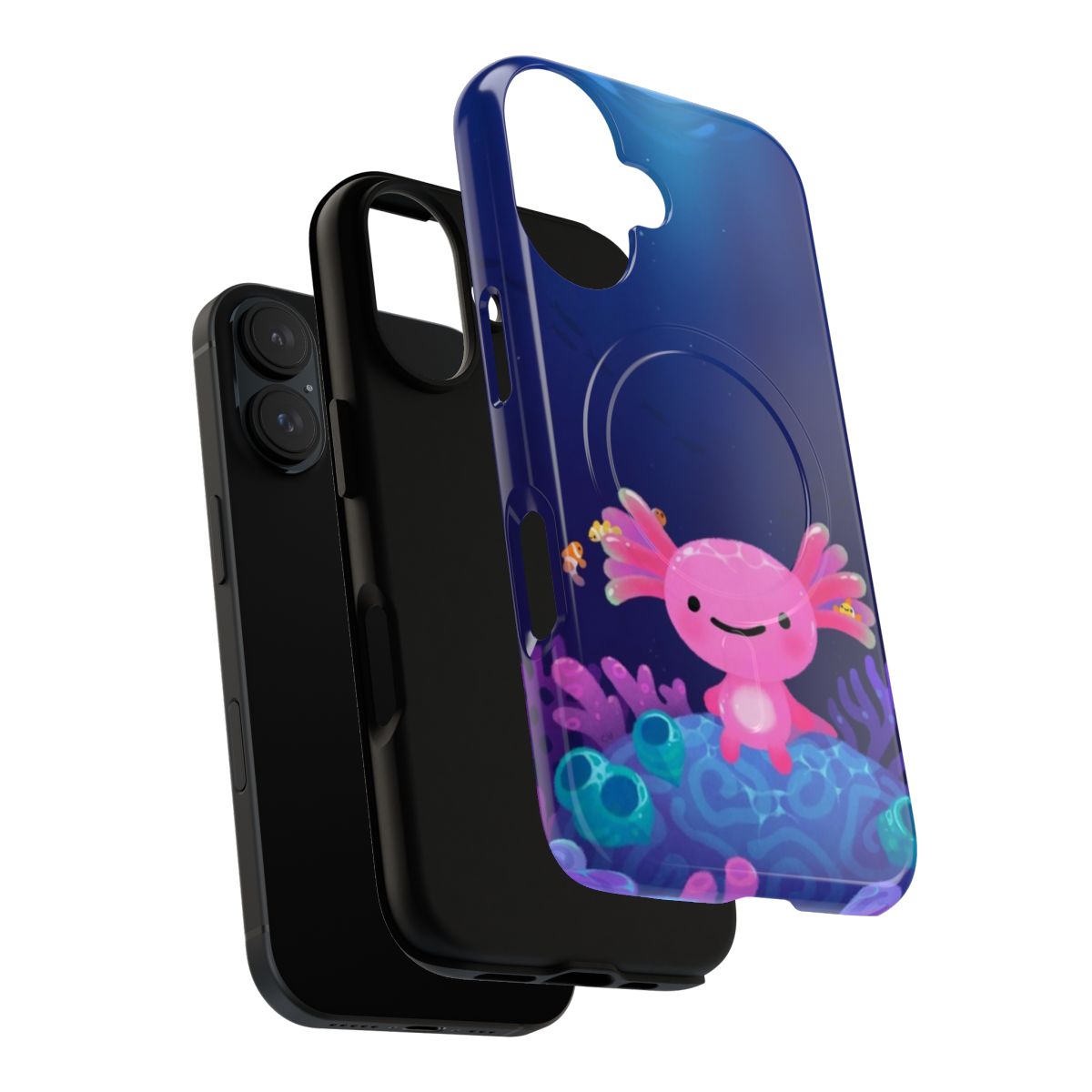 Vibrant coral-colored axolotl design on a protective phone case - Layers