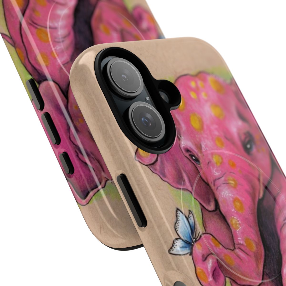 Artistic pink elephant phone case with golden spots, designed by teejay/justteejay. - Detail