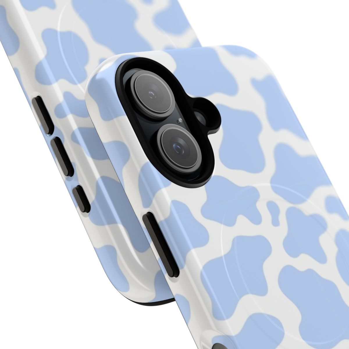 Blue cow print design on a durable, magnetic phone case - Detail