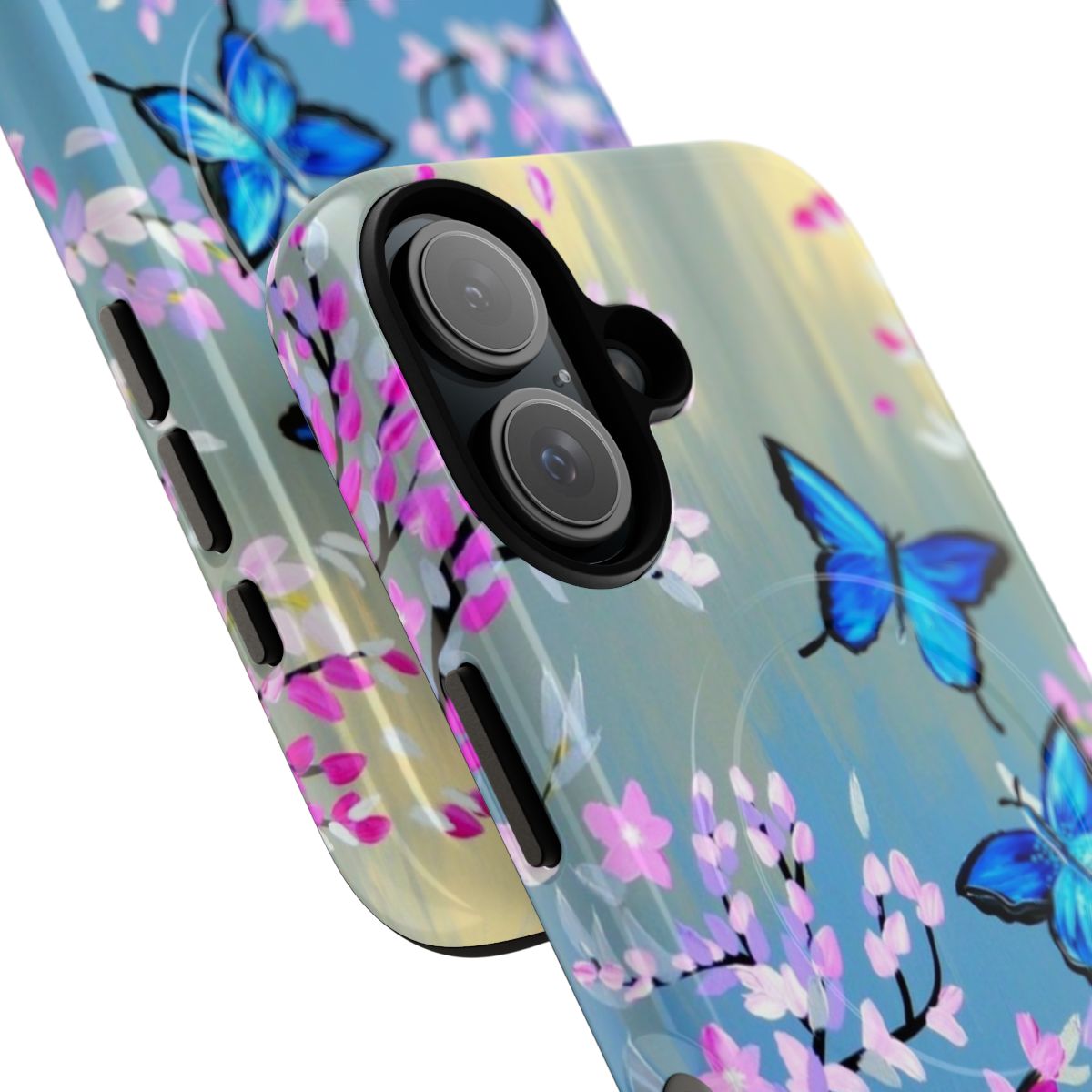 Elegant gray phone case with butterfly and cherry blossom floral designs - Detail