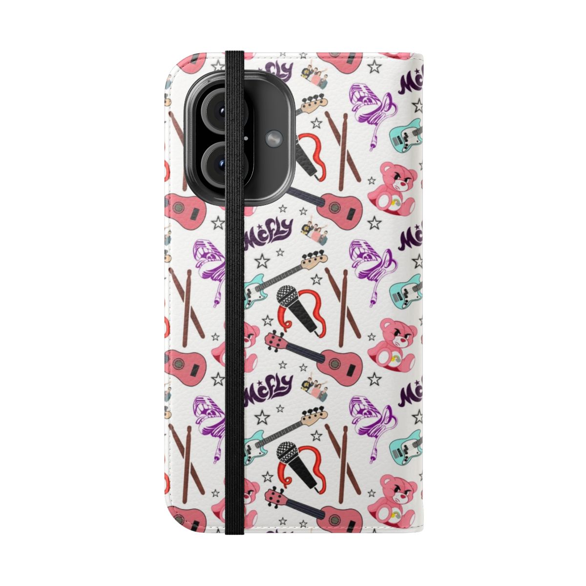 A customizable flip phone case with a repeating pattern design inspired by the 2000s pop band Mcfly. - Folded Front