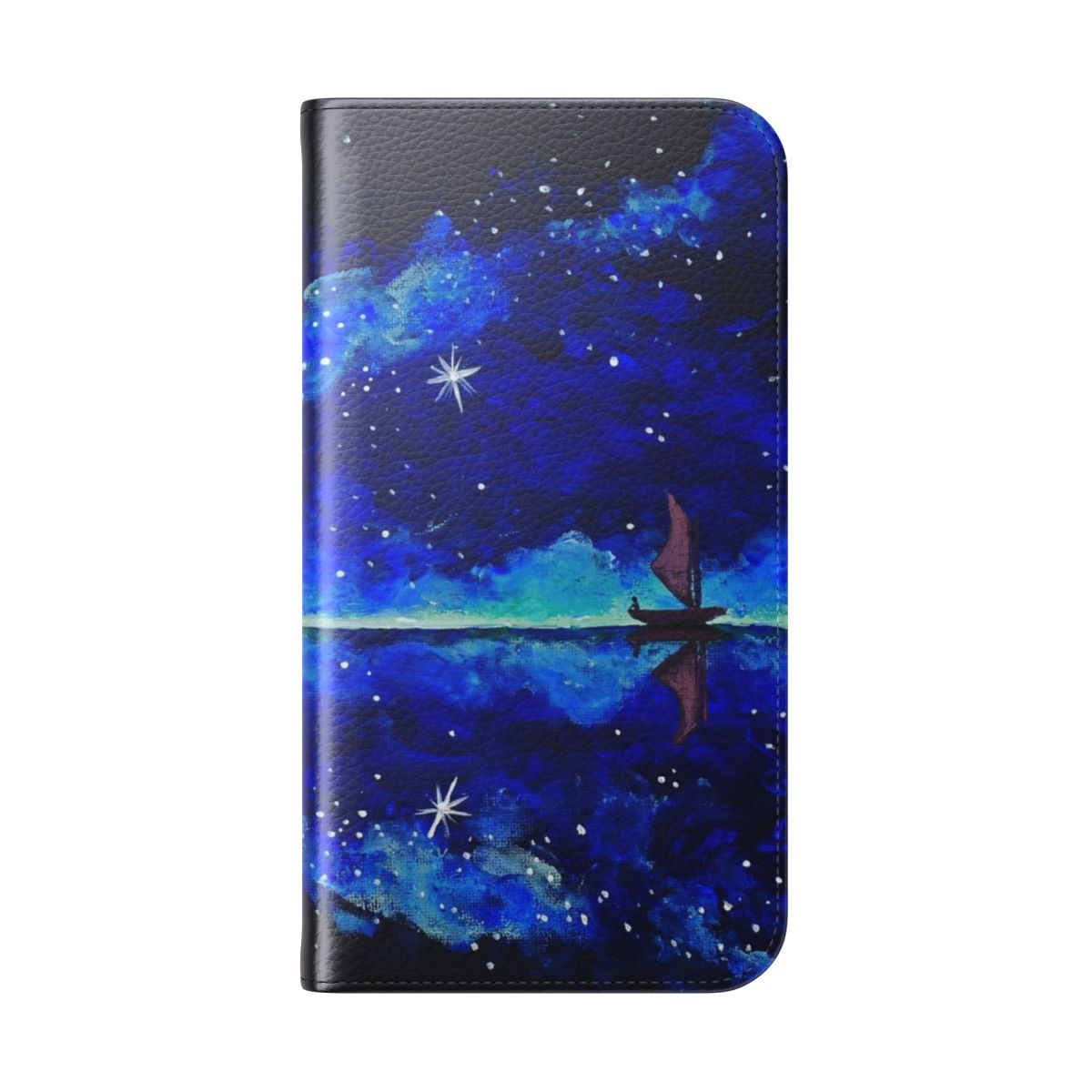 Celestial-inspired Moana phone case cover with night sky, stars, and sailing ship design - Folded Back