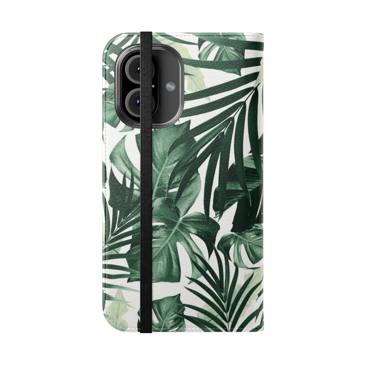 Closeup of a tropical leaves pattern phone case with shades of green leaves on a white background - Folded Front