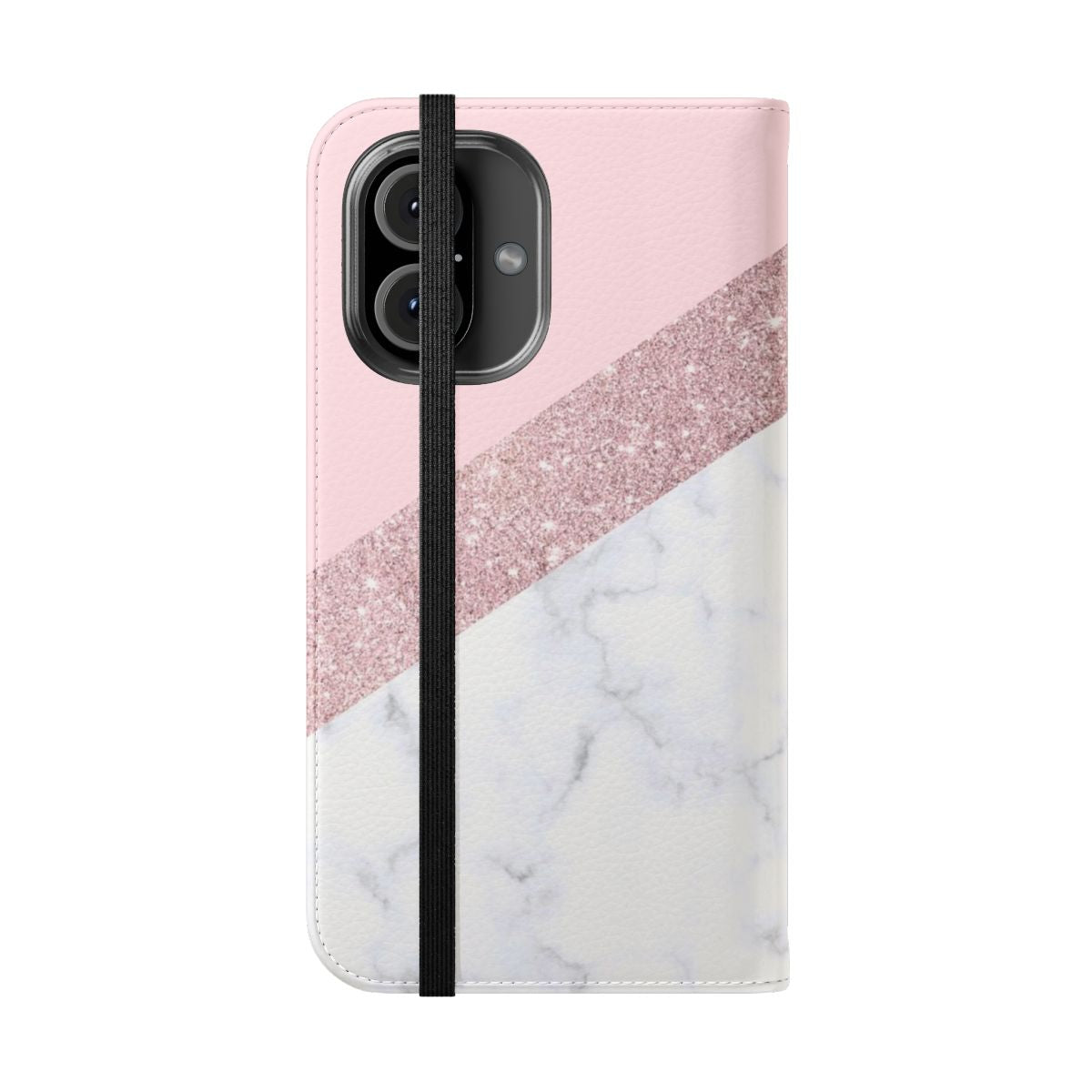 Stylish marble pattern glitter phone case in pastel pink and rose gold colors. - Folded Front