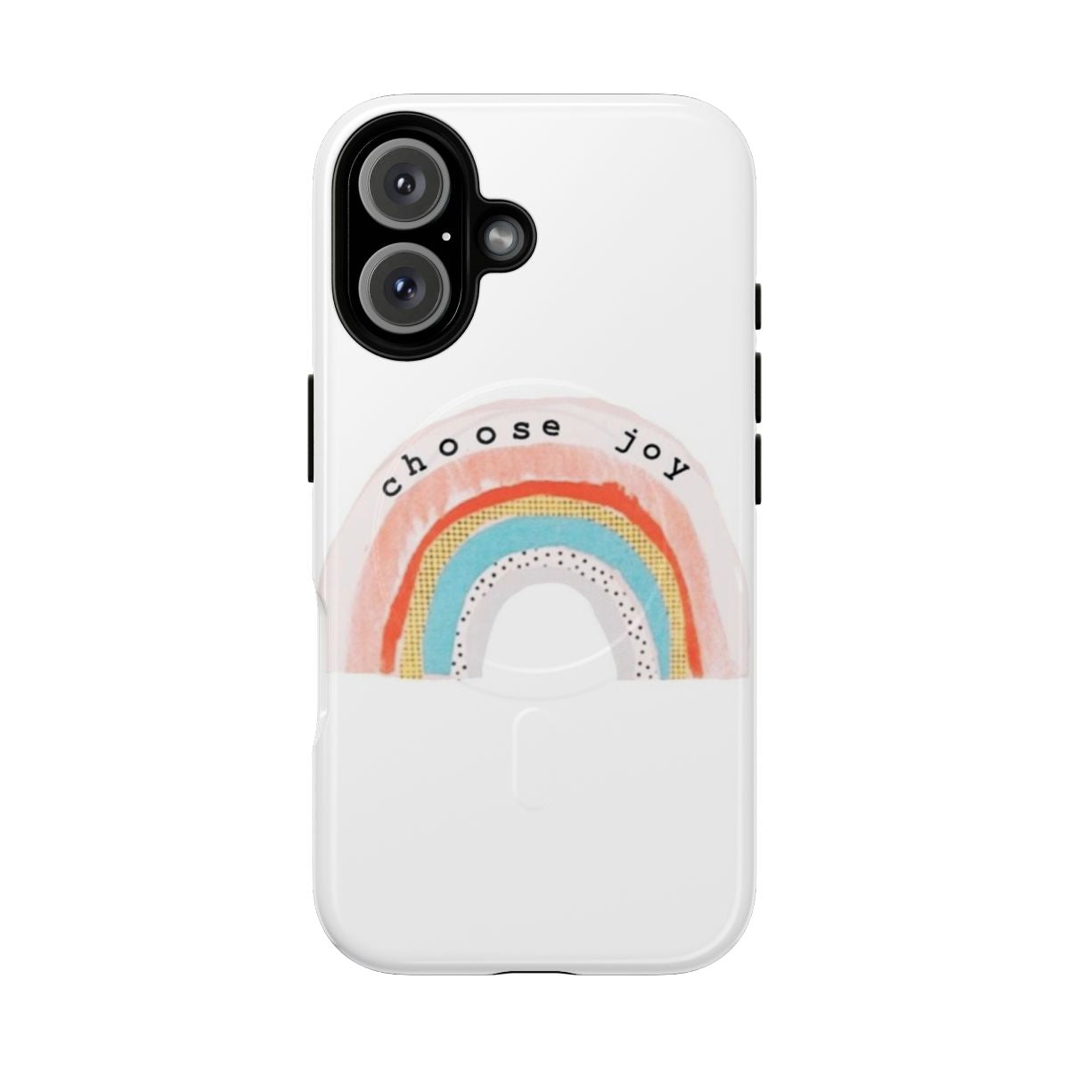 Vibrant 'Choose Joy' magnetic protective phone case with polka dots and rainbow colors.