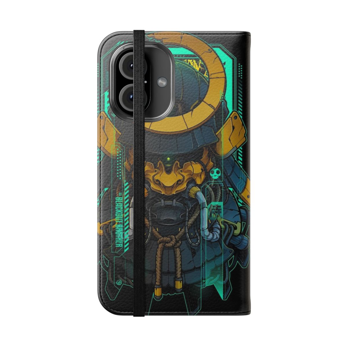 Flip cover phone case featuring a stylized samurai mecha design with oni and hannya elements. - Folded Front