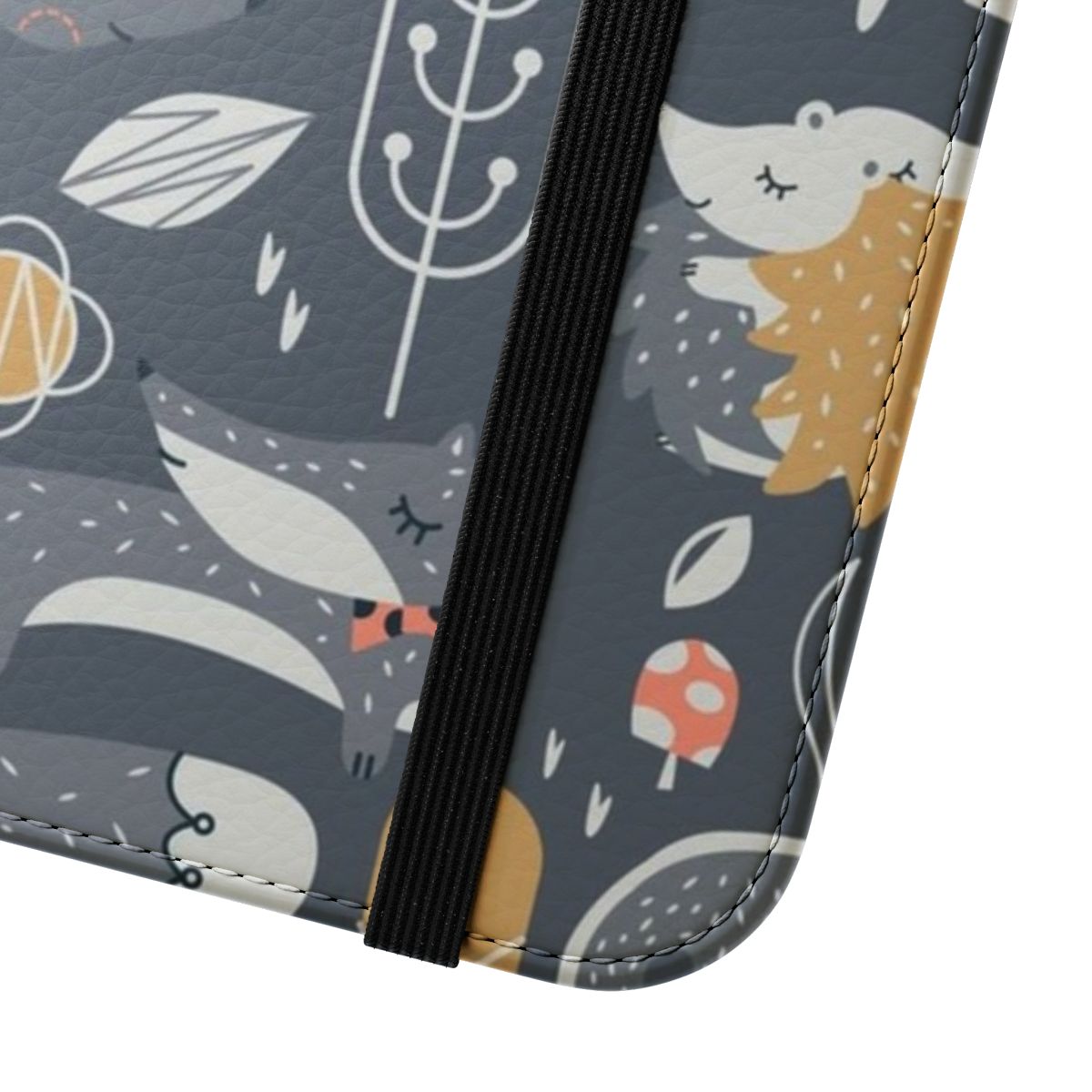 A forest-themed flip cover phone case featuring a repeating pattern of leaves, mushrooms, woodland animals, and bow ties. - Close Up