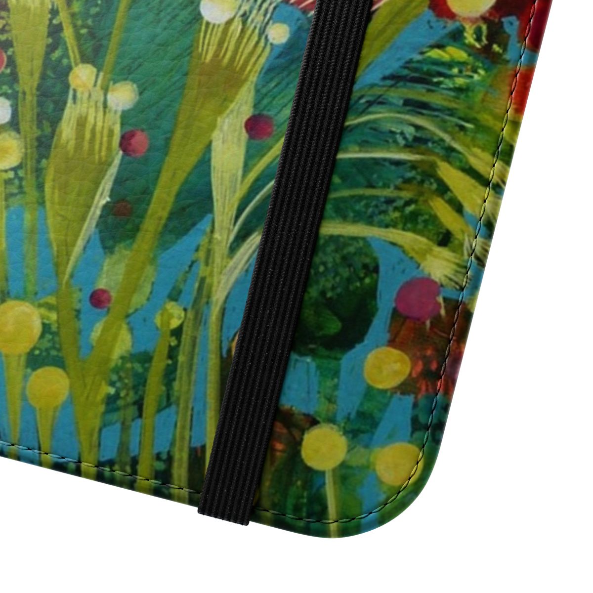 Colorful floral pattern on a phone case with a flip cover - Close Up