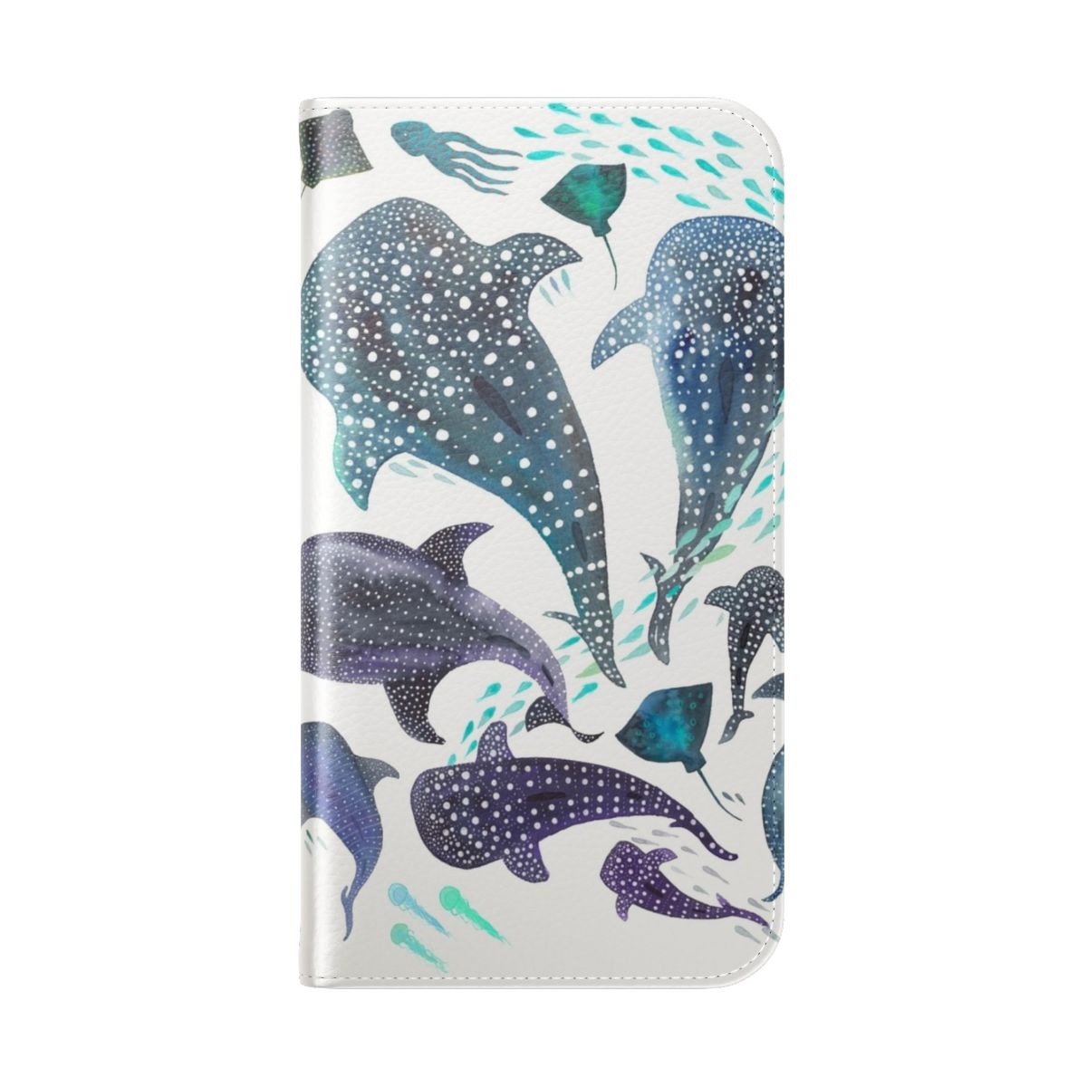 A vibrant watercolor design featuring a whale shark, ray, and other sea creatures on a phone case. - Folded Back