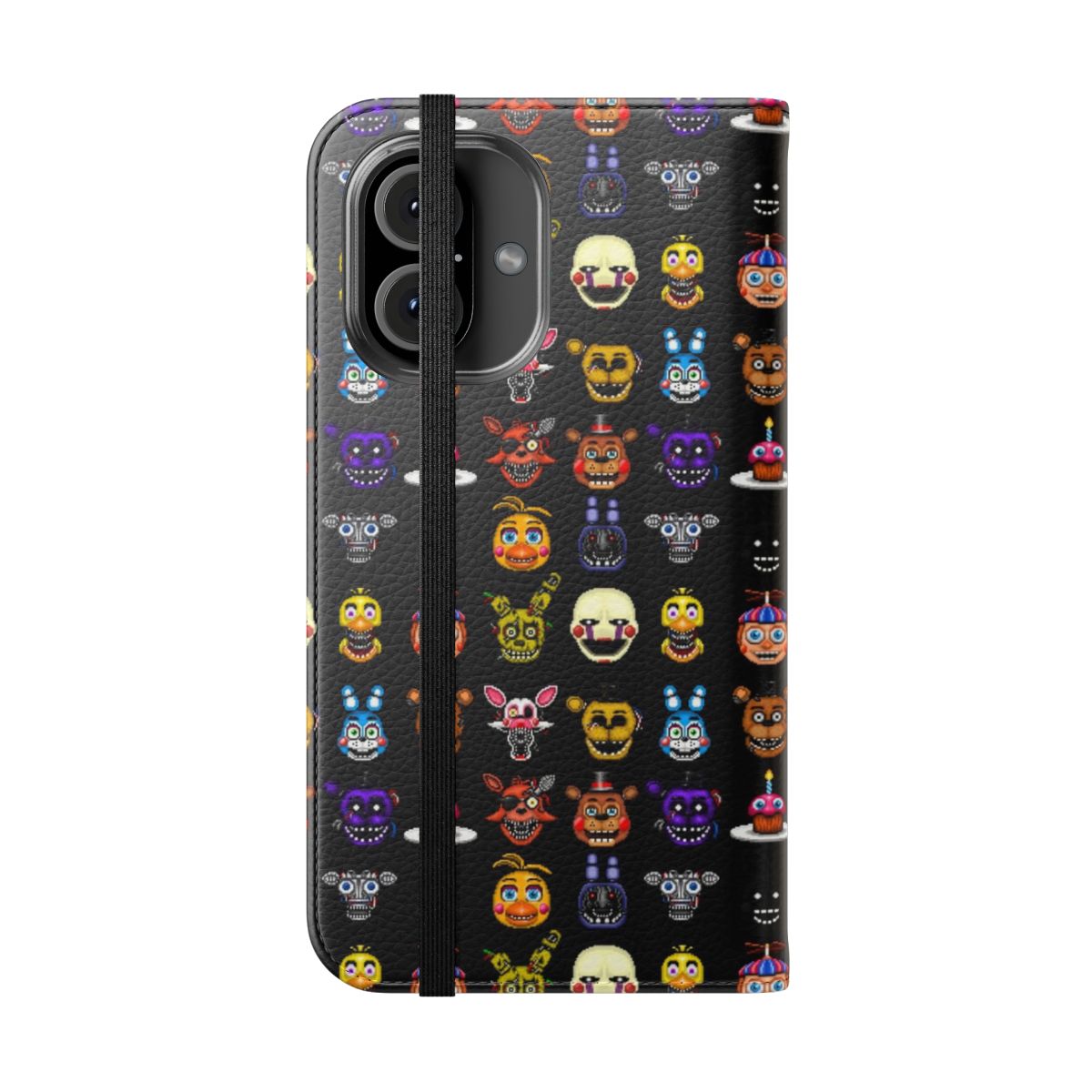 Pixel art flip cover phone case featuring multiple Five Nights at Freddy's characters - Folded Front