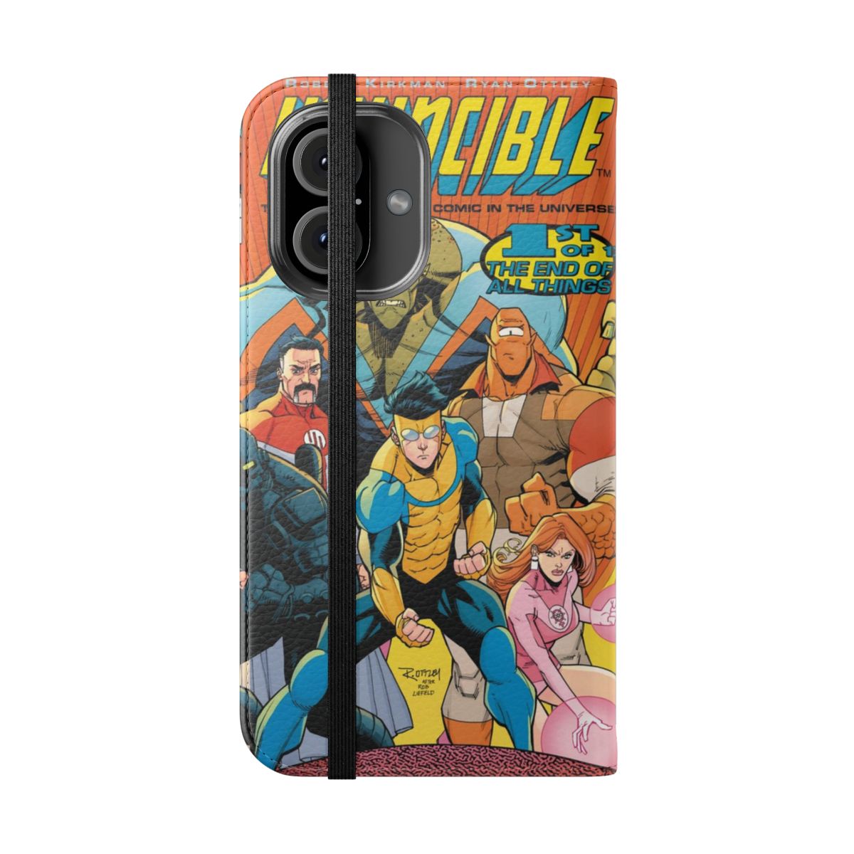 Invincible-themed flip cover phone case with comic book character design - Folded Front