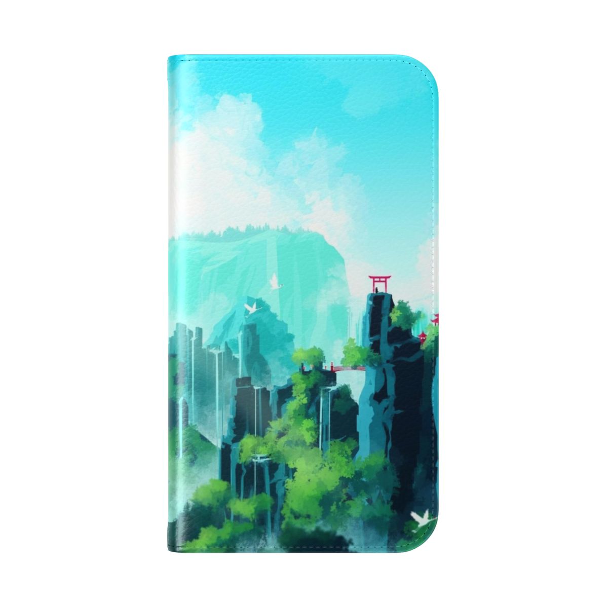 Flip cover phone case featuring a beautiful Asian landscape design with mountains, gates, and scenery. - Folded Back