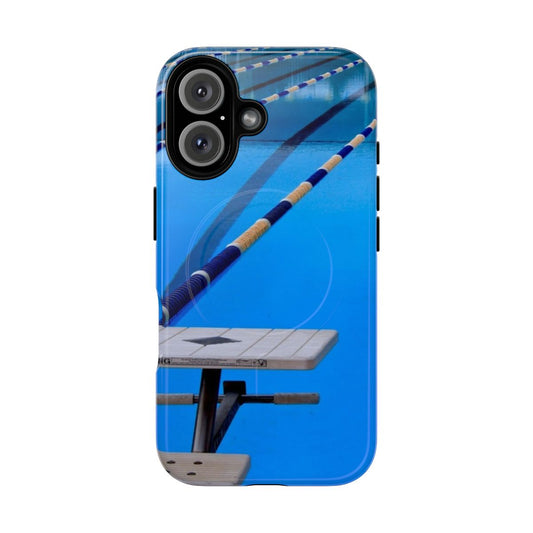 Blue and cool magnetic phone case featuring a swimming pool design, great for water sports and swimming competitions