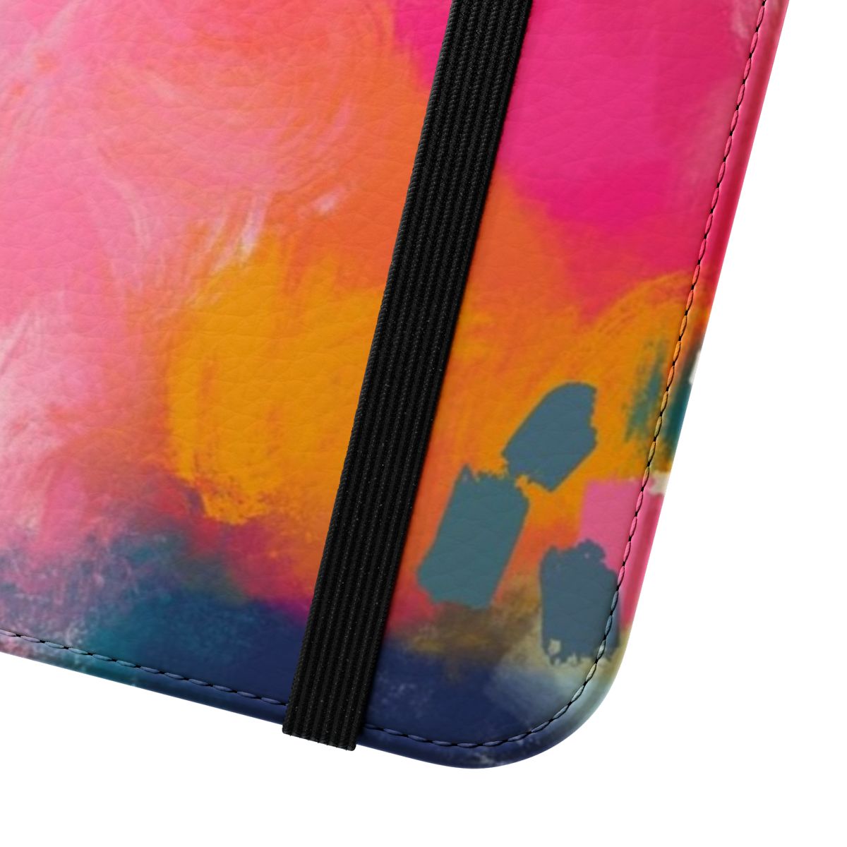 Vibrant abstract art phone case with pink, orange, and blue oil paint brushstrokes - Close Up