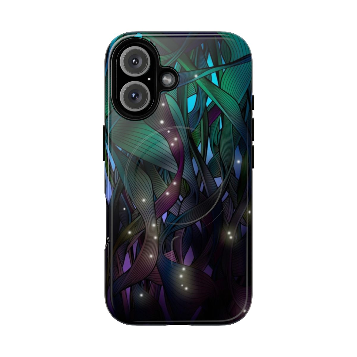 Artistic phone case featuring a nocturnal nightscape with glowing fireflies in a summer garden