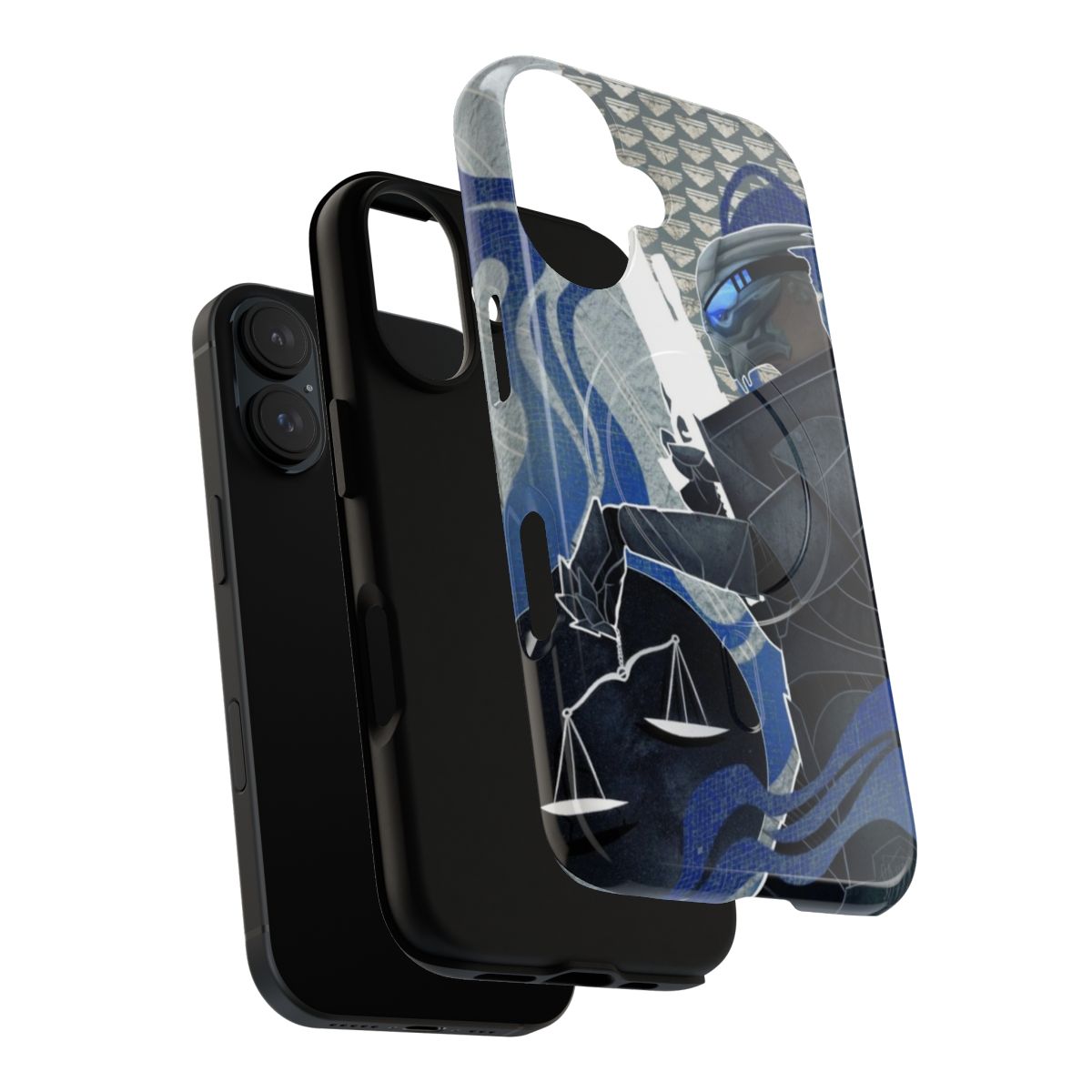 A tough, magnetic phone case featuring a justice tarot card design inspired by the character Garrus Vakarian from the Mass Effect video game series. - Layers