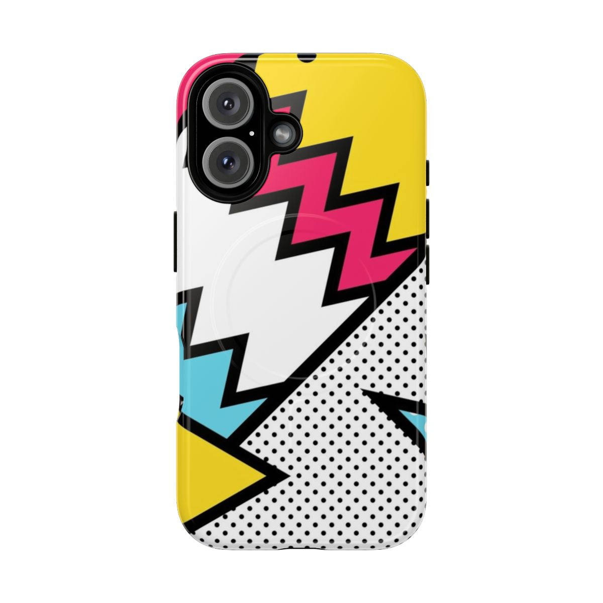 Colorful zigzag and geometric pattern phone case inspired by 1980s Memphis design