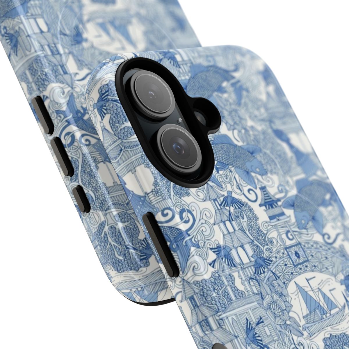 A blue phone case featuring a beautiful chinoiserie-style pattern with illustrations of koi fish, peacocks, and nature elements. - Detail