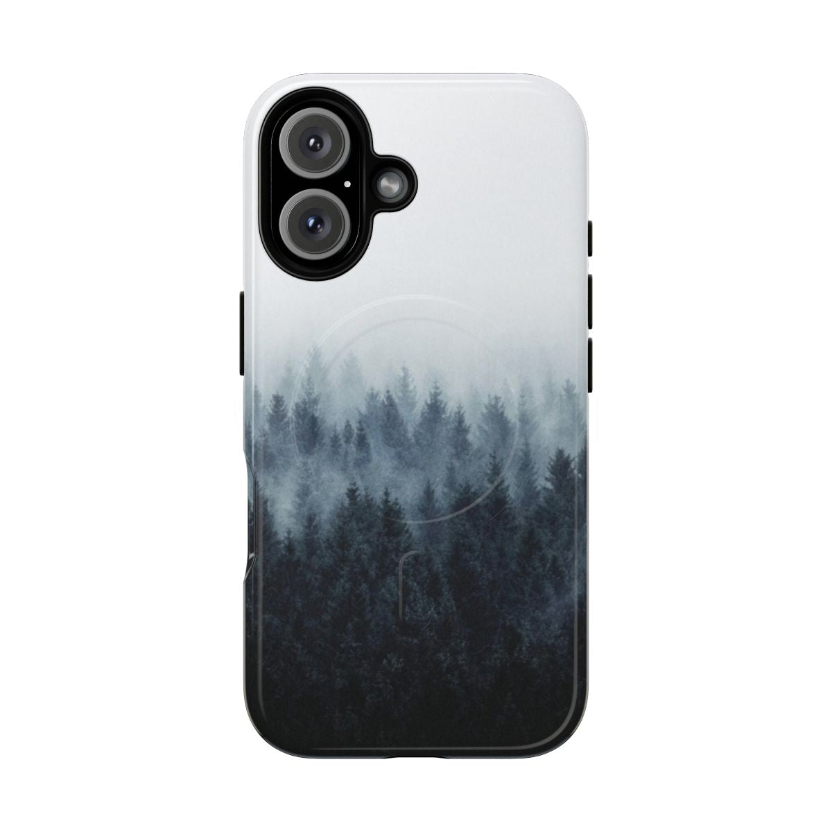 Stylish and durable magnetic phone case featuring a moody, misty forest landscape design.