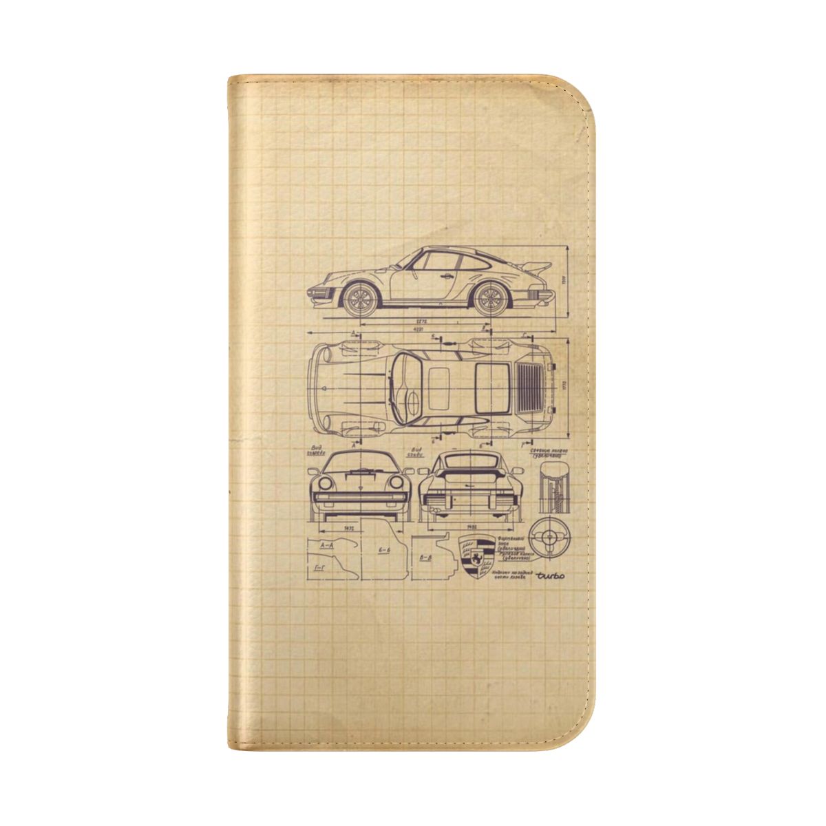 Porsche 911 blueprint themed flip cover phone case - Folded Back