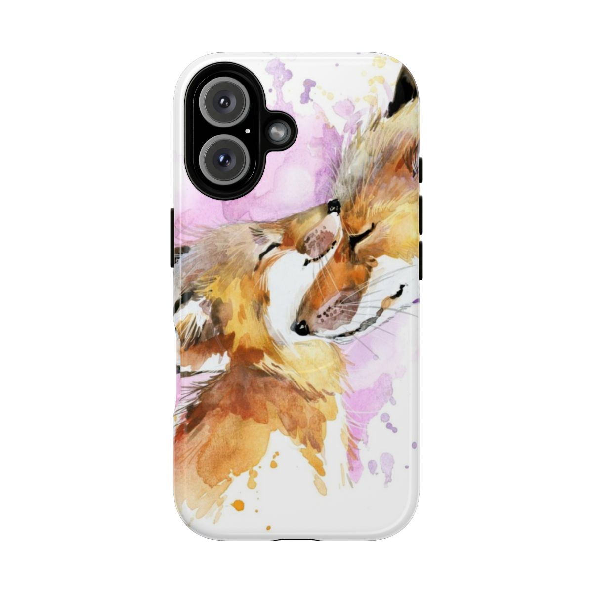 Watercolor illustration of a fox mother and her cub on a pink phone case