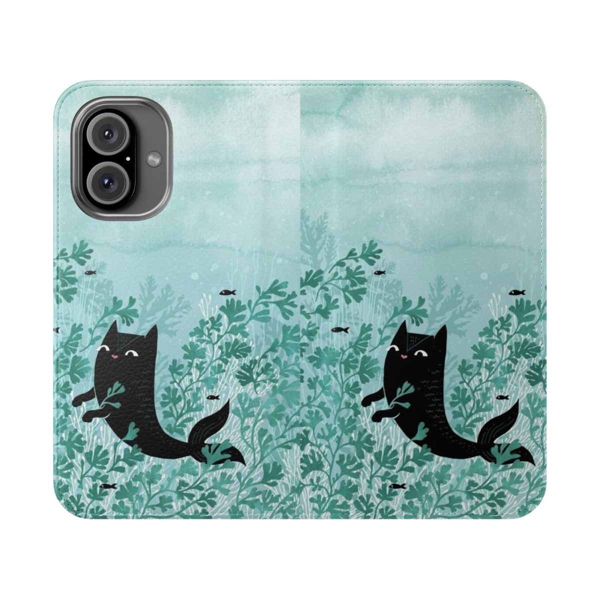 Watercolor illustration of a mercat (part cat, part mermaid) swimming in the ocean on a phone case cover.