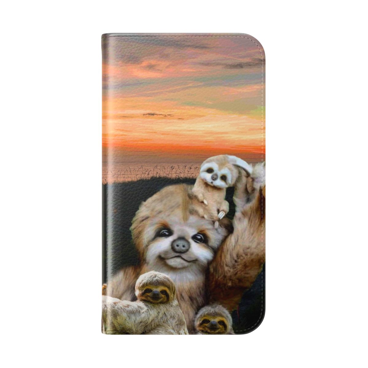 Illustration of a sloth family visiting the ocean during a sunset, on a flip cover phone case - Folded Back