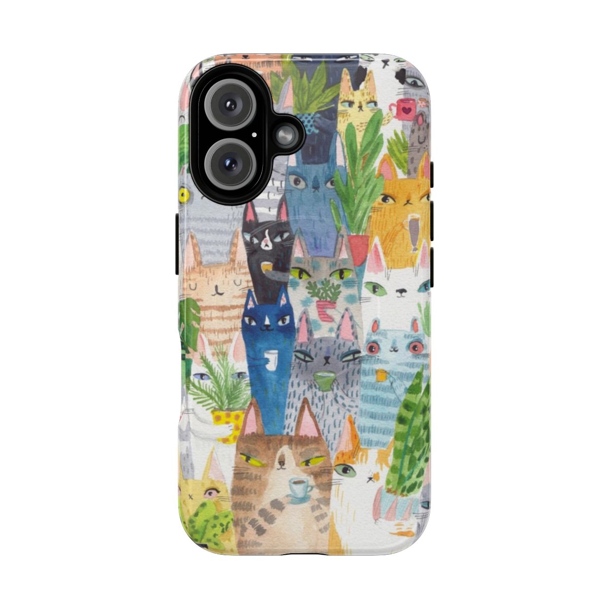 Magnetic tough phone case featuring a vibrant watercolor-style pattern of cats and plants.