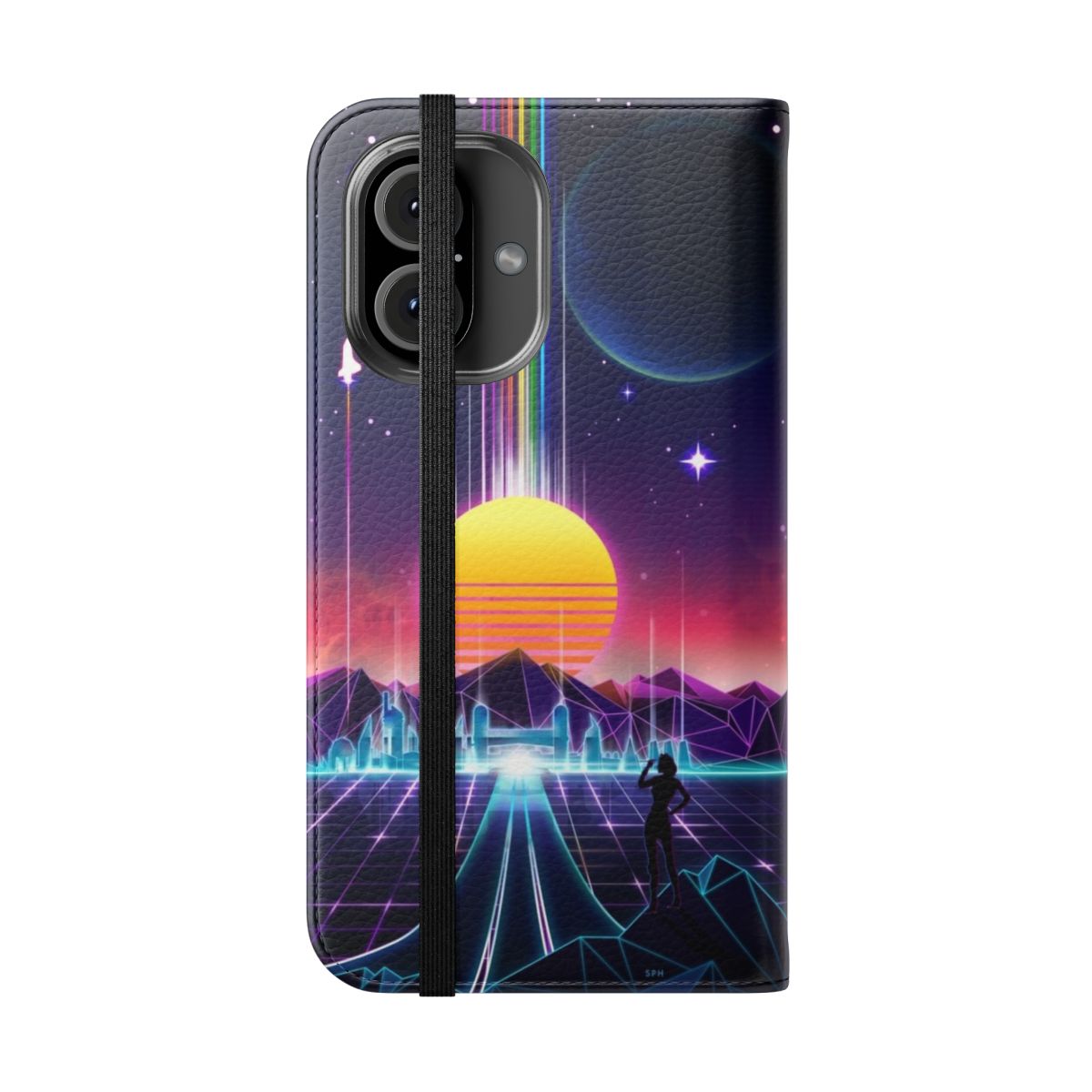 Vibrant neon sunrise design on a flip phone case - Folded Front