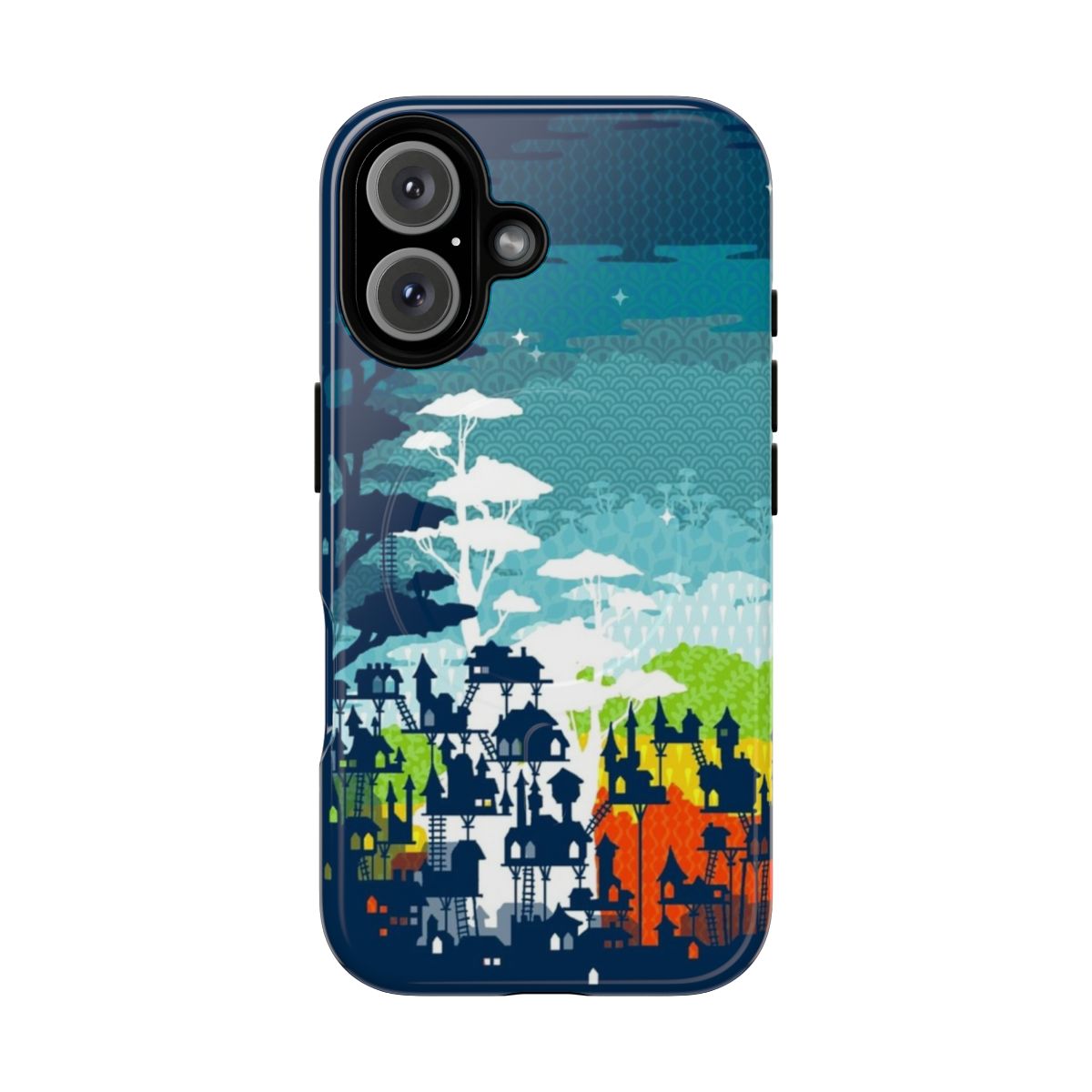 Colorful phone case featuring a vibrant rainforest city design with trees, treehouses, and nature elements.