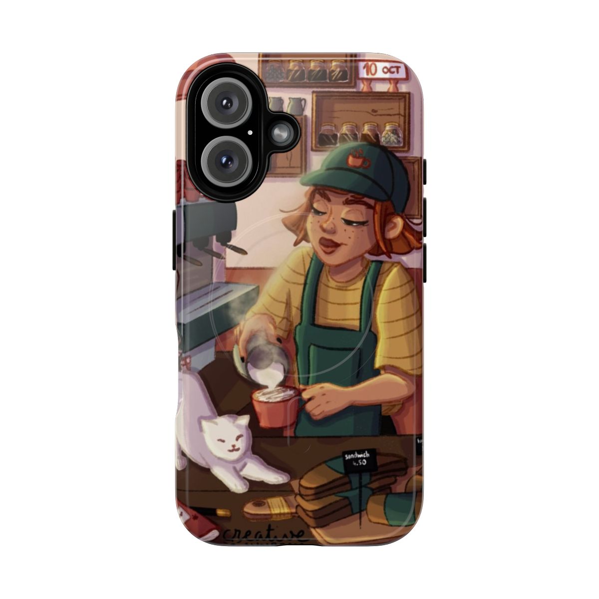 "Whimsical phone case featuring a magical barista witch character in a cozy, autumnal style"