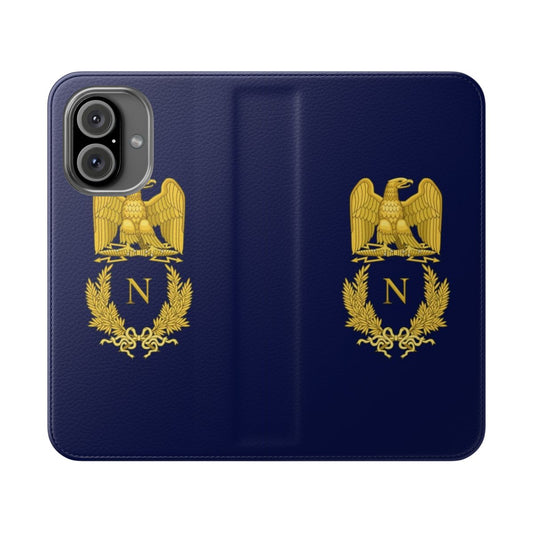 Flip cover phone case with emblematic design inspired by the French Empire under Napoleon Bonaparte.