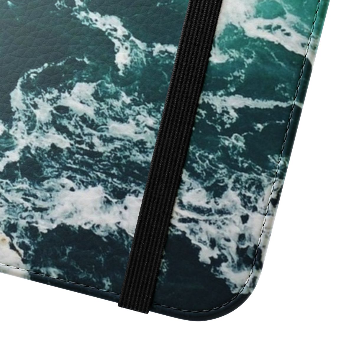 Vibrant blue and turquoise phone case with a beautiful ocean wave and beach pattern - Close Up