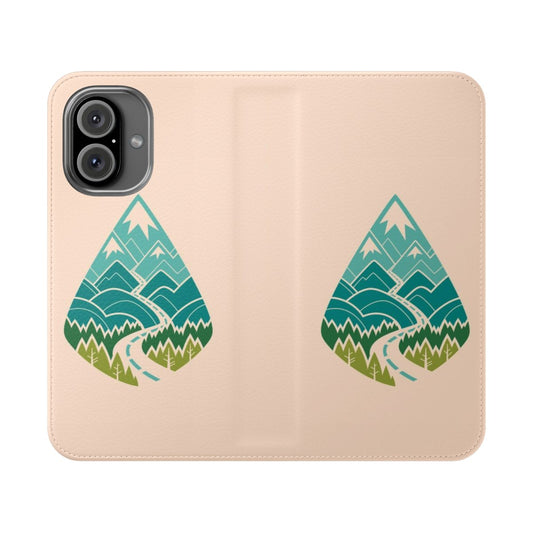 Scenic phone case with a nature landscape design of a road winding through mountains, hills, and forests.