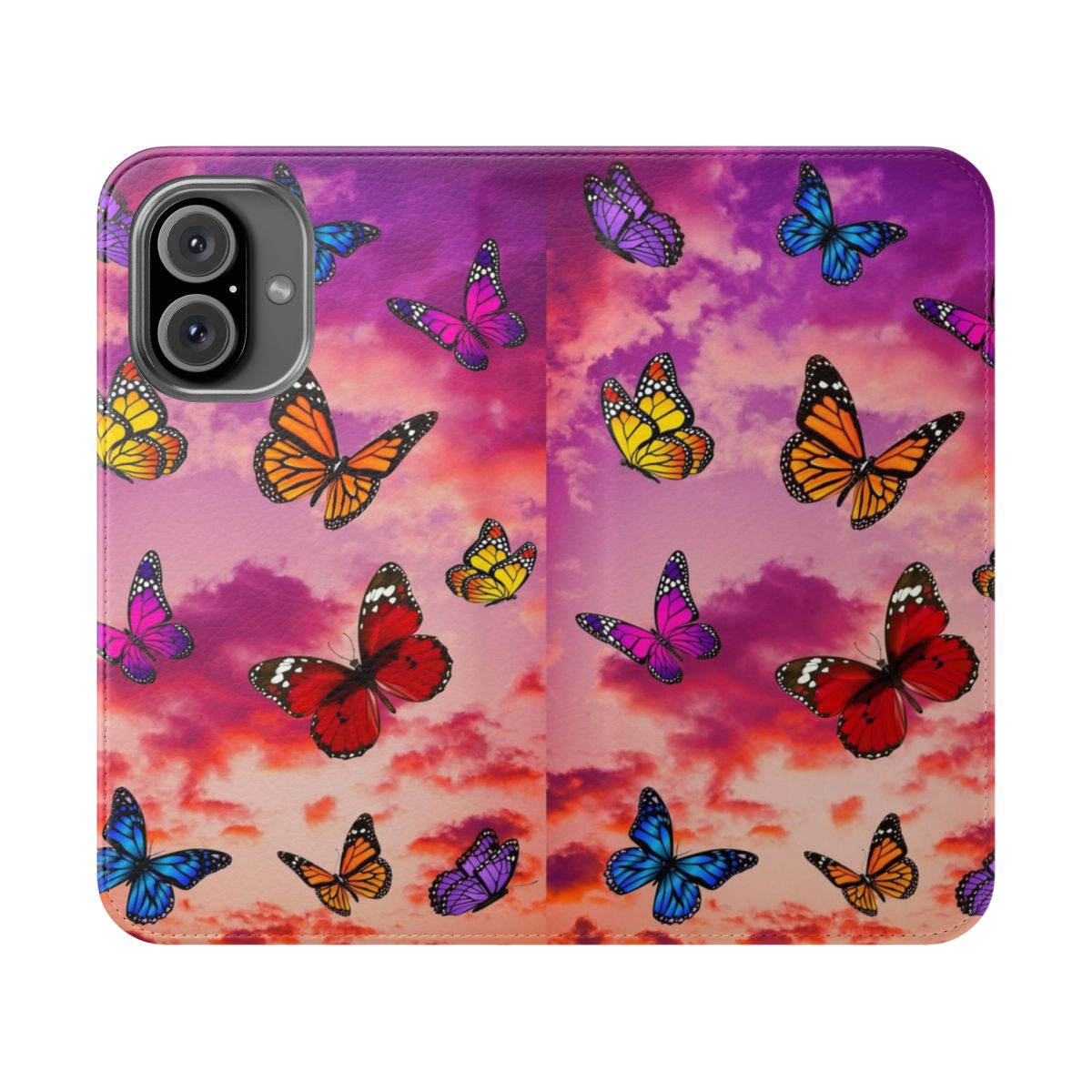 Colorful butterfly design on a flip cover phone case against a pastel sky background